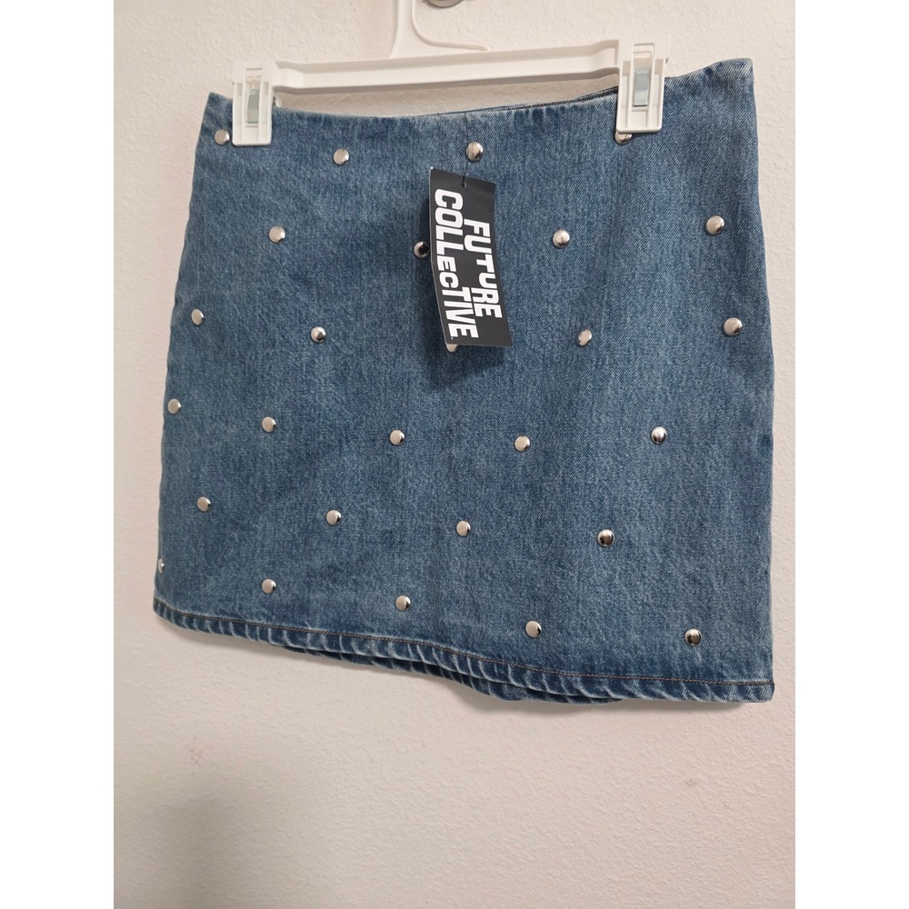 Future Collective Womens Studded Denim Mini Skirt Blue Silver Studs Size 2 NEW